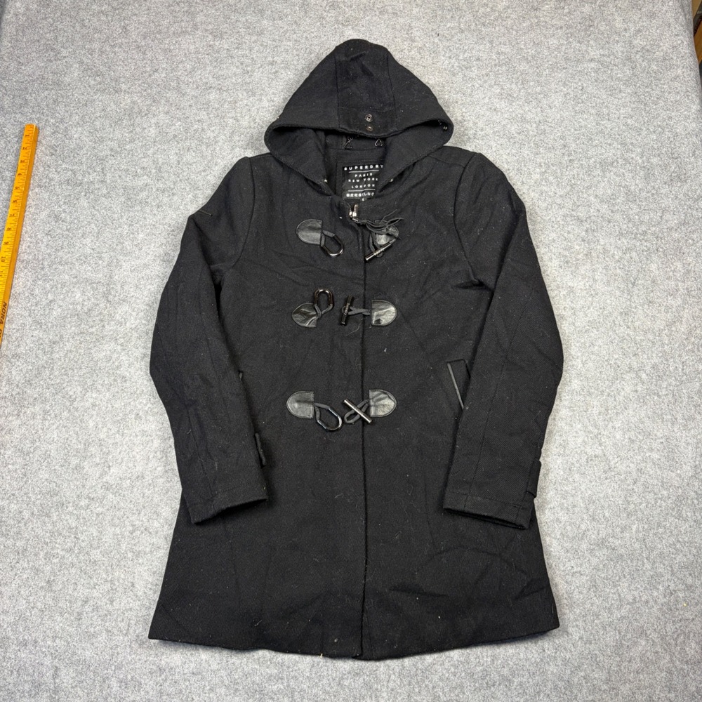 Superdry Womens Black Hooded Duffle Coat Wool Blend Toggle Jacket XS